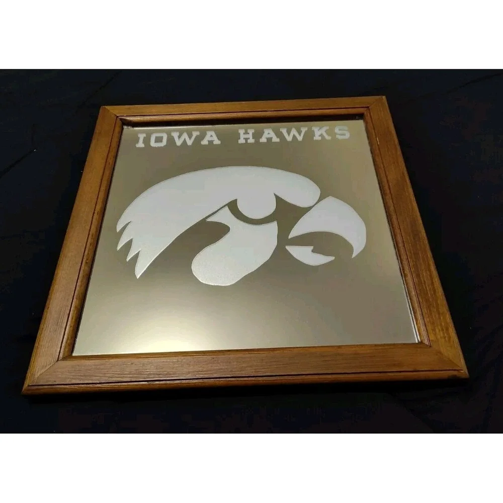 IOWA HAWKEYES 1980s‎ MIRROR VTG homemade 14in X 14in Wood SEE B8.0MA2144